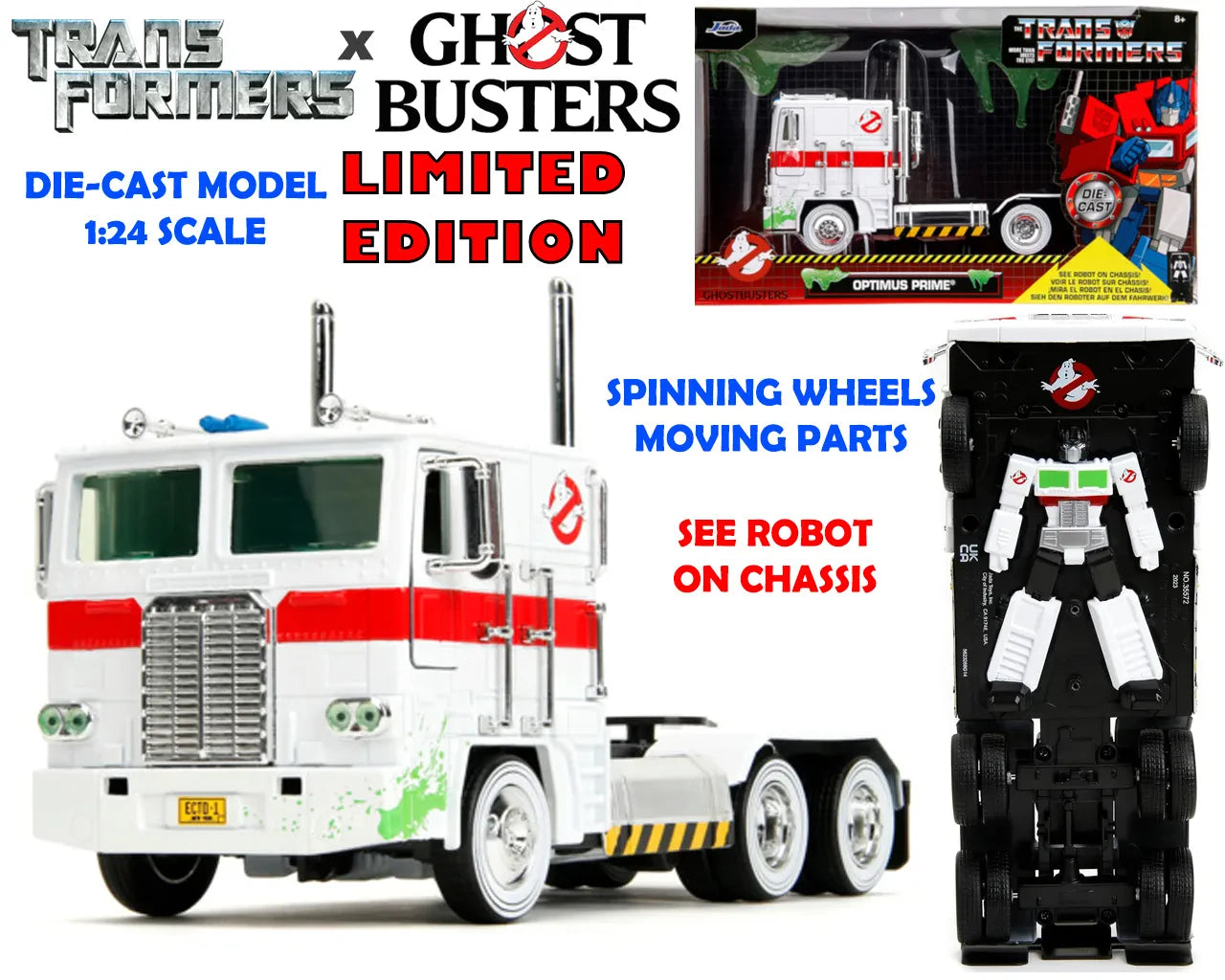 TRANSFORMERS G1 X GHOSTBUSTERS OPTIMUS PRIME x ECTO 1 1/24 DIE-CAST MODEL Frikytopia