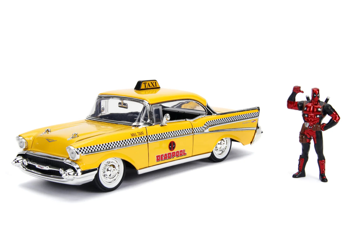 MARVEL DEADPOOL 1975 CHEVROLET YELLOW TAXI  BEL AIR & DEADPOOL 1/24 DIE-CAST MODEL