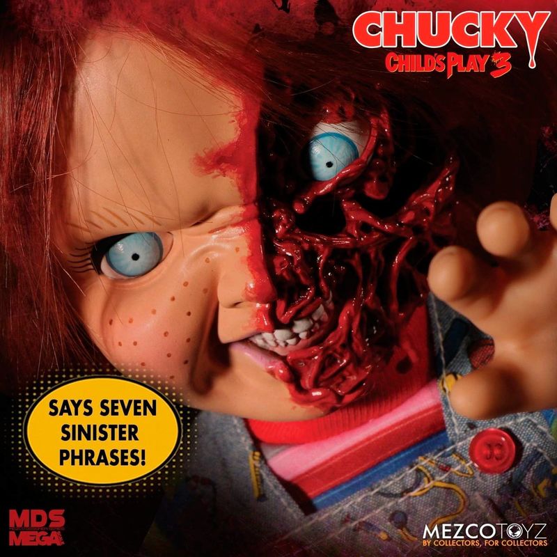 Figura Chucky o Boneco Diabólico 3 Cara Pizza Falante 38 cm Inglês Frikytopia