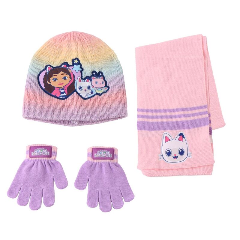 Conjunto gorro guantes bufanda La Casa de Muñecas de Gabby Frikytopia