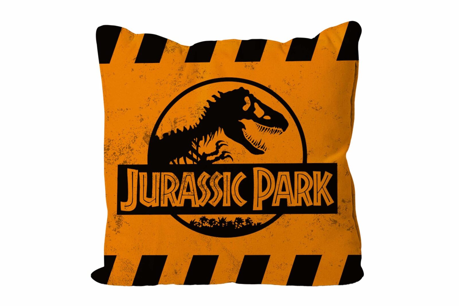 Cojin cuadrado caution naranja jurassic park Frikytopia