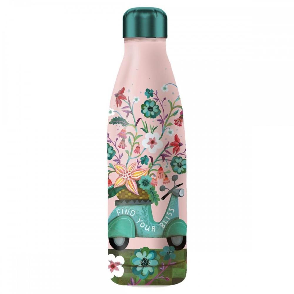 Botella isotermica enesco rosa estampado flores y moto Frikytopia