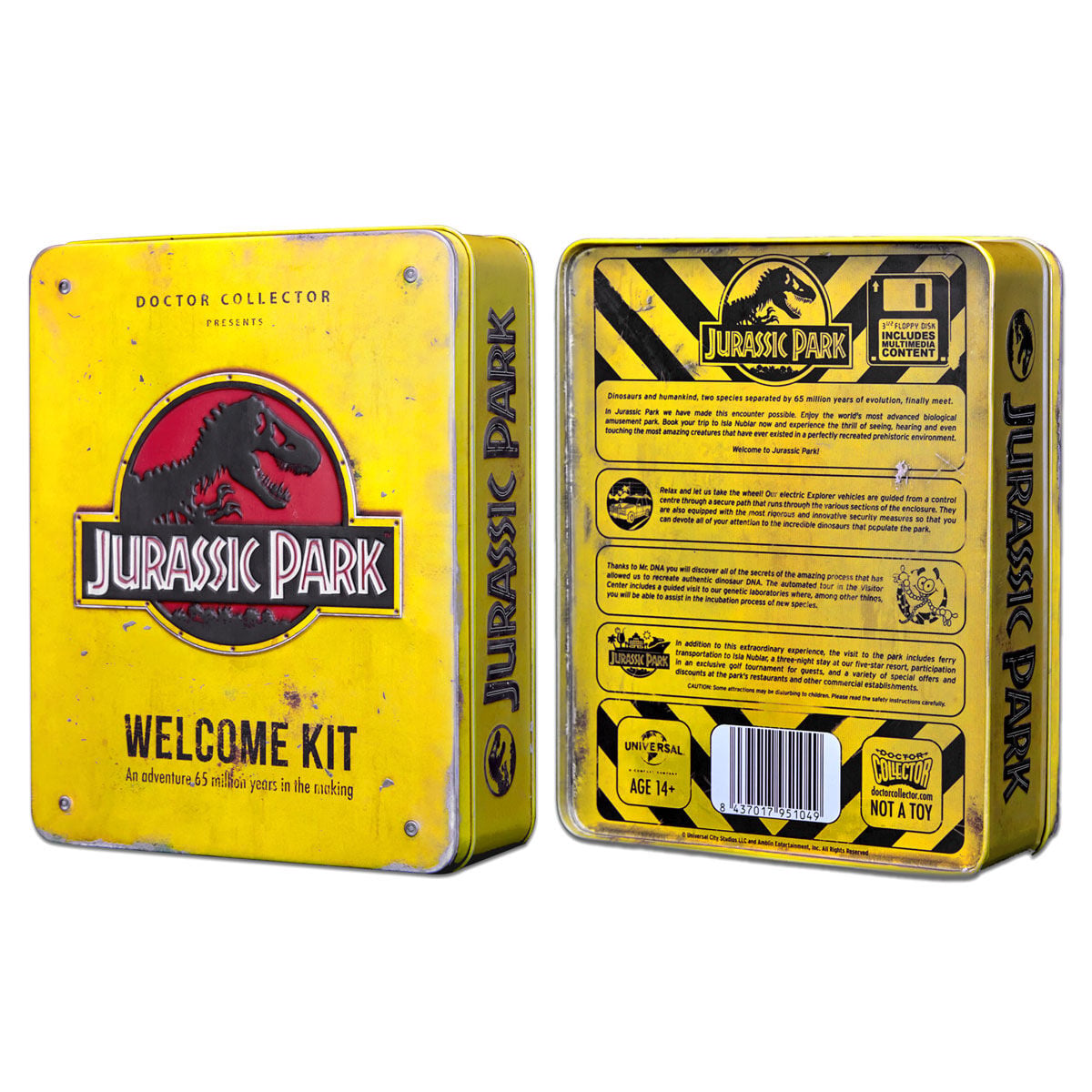 Réplica da caixa de metal do Kit de Boas-Vindas Padrão do Parque Jurássico Frikytopia