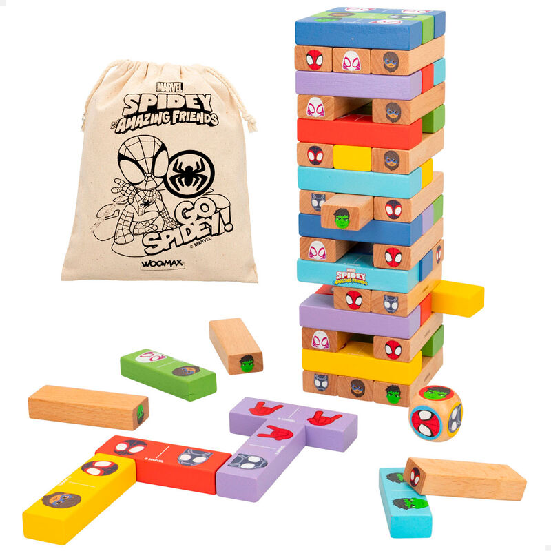 Juego Torre Bloques + Domino madera Spidey Marvel