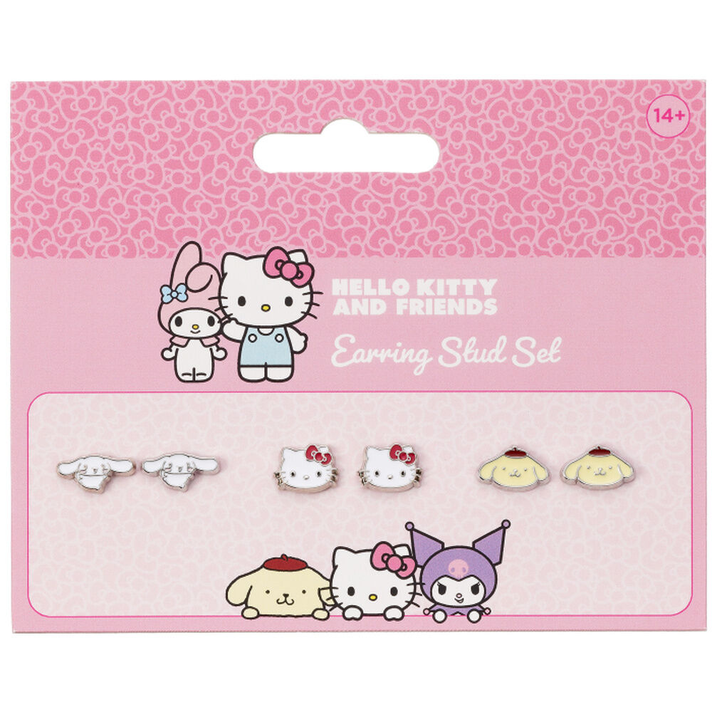 Sanrio Juego de Pendientes de Botón Hello Kitty, Cinnamon Roll y Pompompurin
