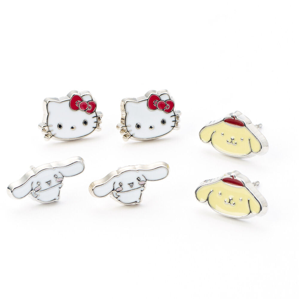Sanrio Juego de Pendientes de Botón Hello Kitty, Cinnamon Roll y Pompompurin