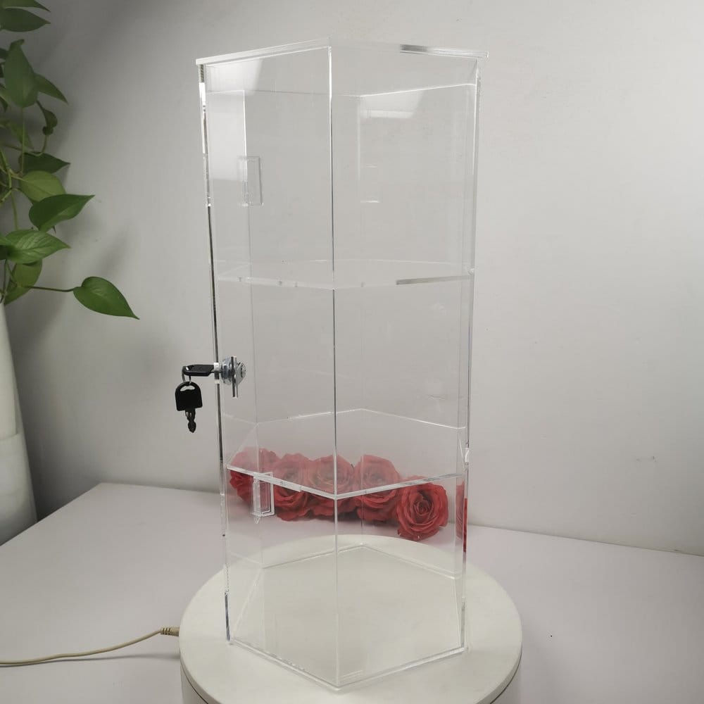 Evoretro Torre de exhibición hexagonal de acrílico de 3 niveles con cerradura