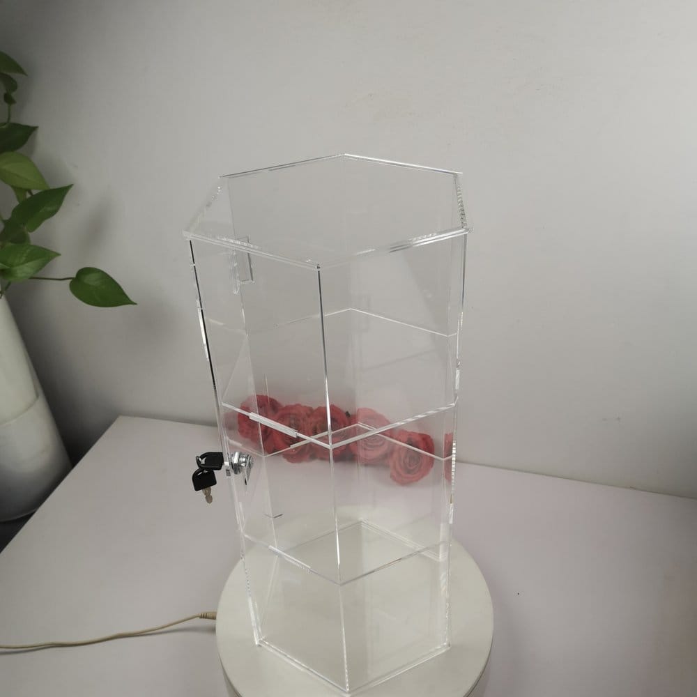 Evoretro Torre de exhibición hexagonal de acrílico de 3 niveles con cerradura