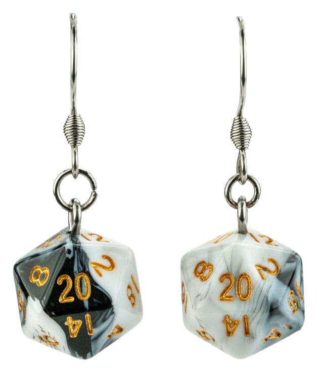 Lair Wear Pendientes de Dado D20 Marble Black & White con Gold Frikytopia