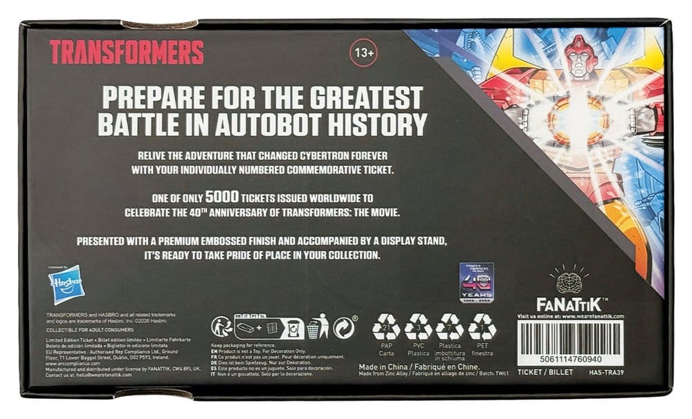 Transformers Réplica The Movie 40th Anniversary Movie Ticket Limited Edition 9 x 16 cm
