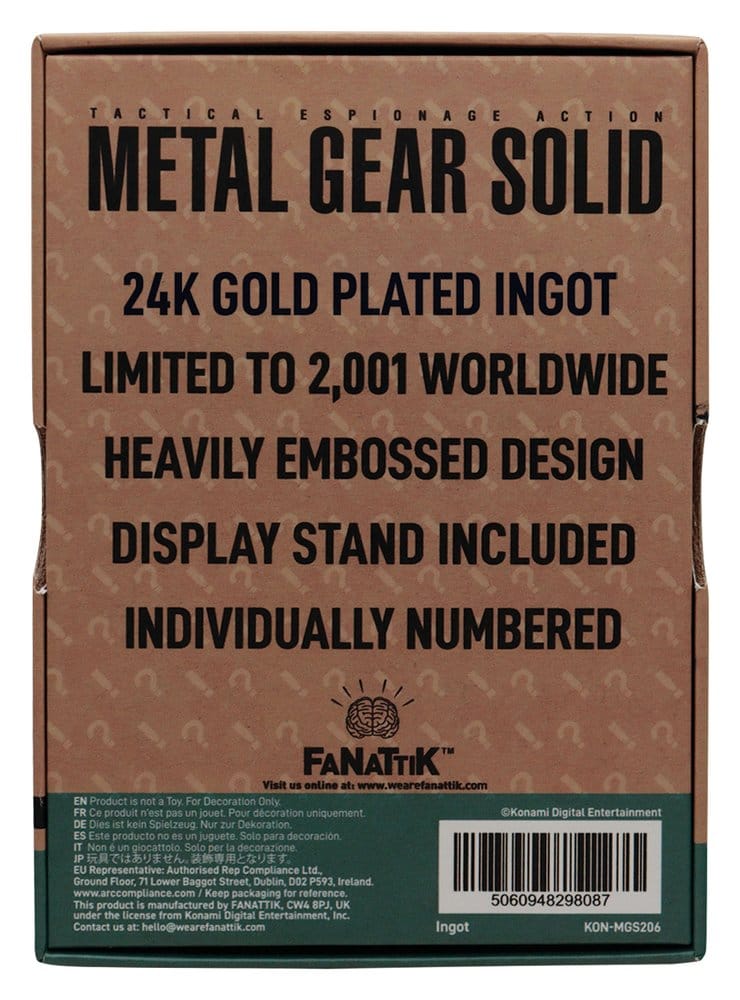 Metal Gear Solid 2 Lingote Raiden Banhado a Ouro de 24k Edição Limitada