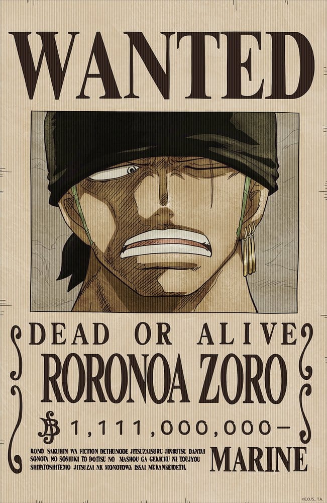 One Piece Póster 3D Wanted Roronoa Zoro 38 x 58 cm Frikytopia