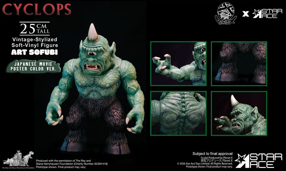Figura Soft-Vinyl Art Sofubi Ray Harryhausen Ciclope Estilo Vintage Cores Poster Filme Japonês 25 cm