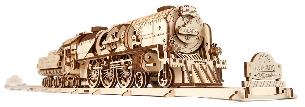 Ugears Puzzle de madera 3D Locomotora de vapor V-Express con ténder Frikytopia