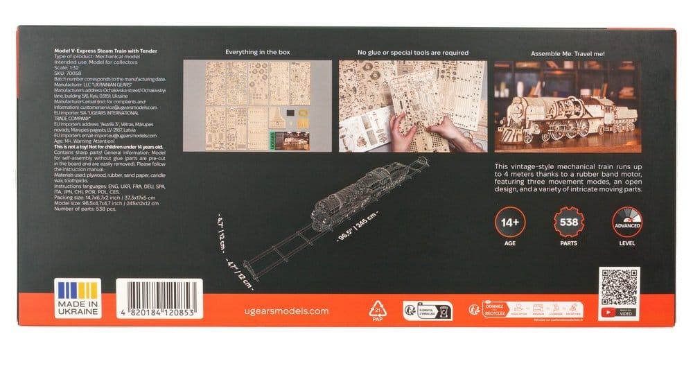 Ugears Puzzle de madera 3D Locomotora de vapor V-Express con ténder