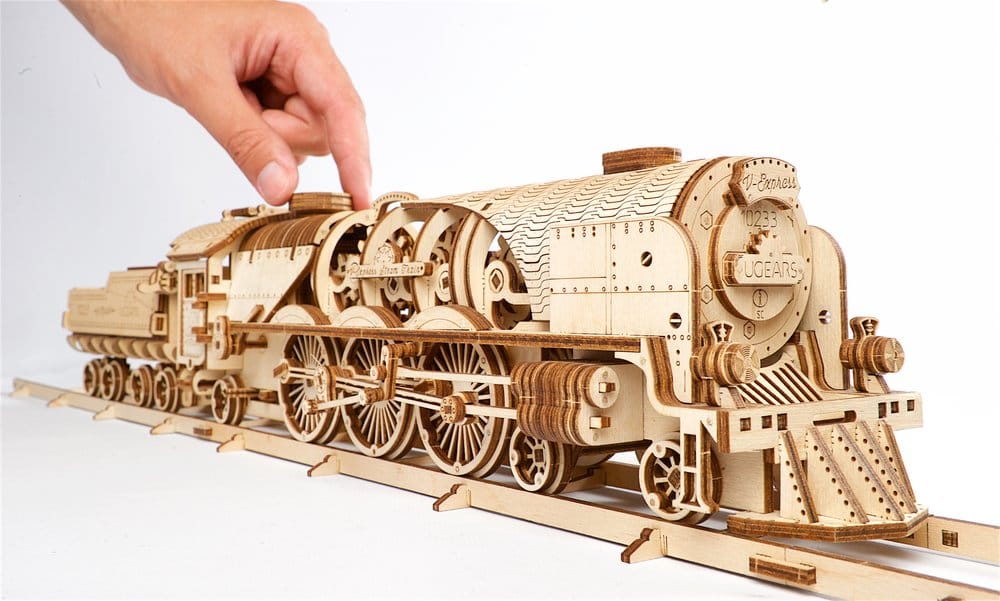 Ugears Puzzle de madera 3D Locomotora de vapor V-Express con ténder