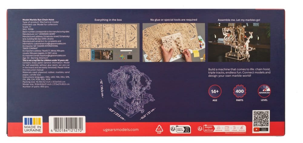Ugears Puzzle de madera 3D Carrera de Canicas con Elevador de Cadena